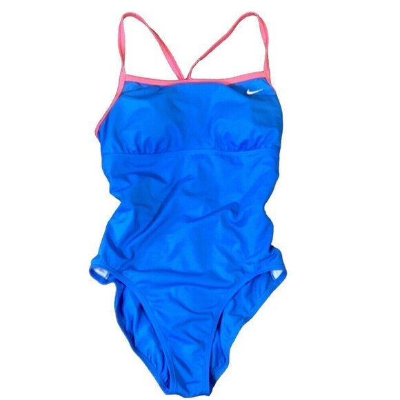 Nike Girls One-Piece Racerback Swimsuit Sky Blue and Pink Sz 14 282i - Picture 1 of 9
